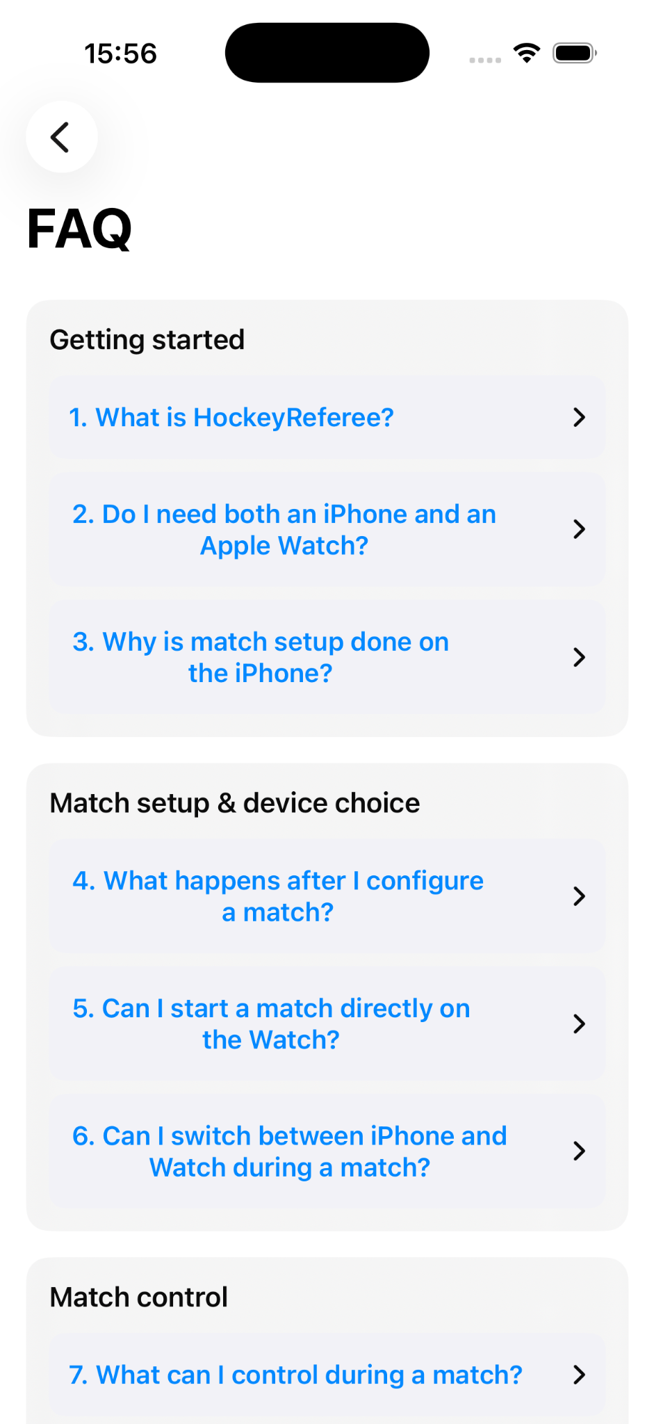 FAQ screen on iPhone