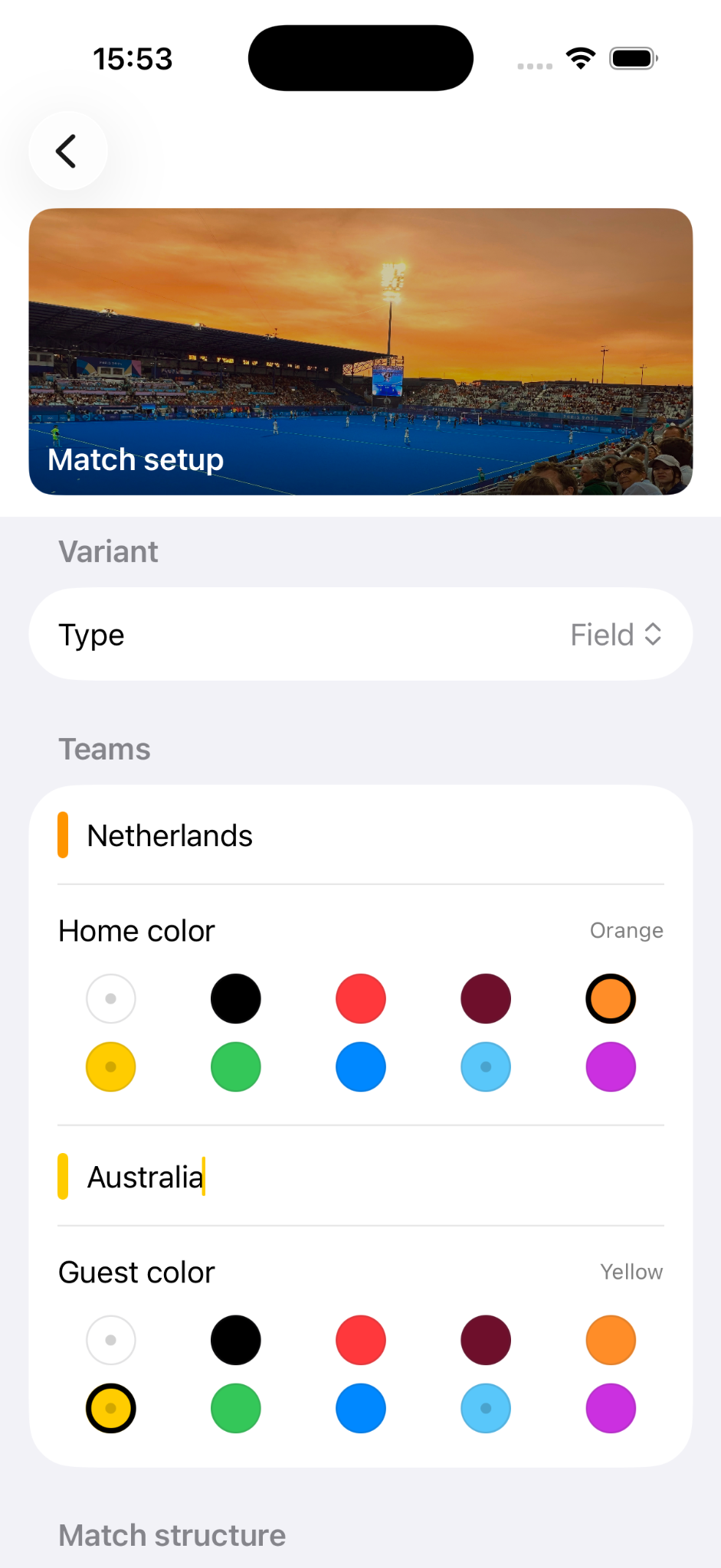 iPhone match setup screen