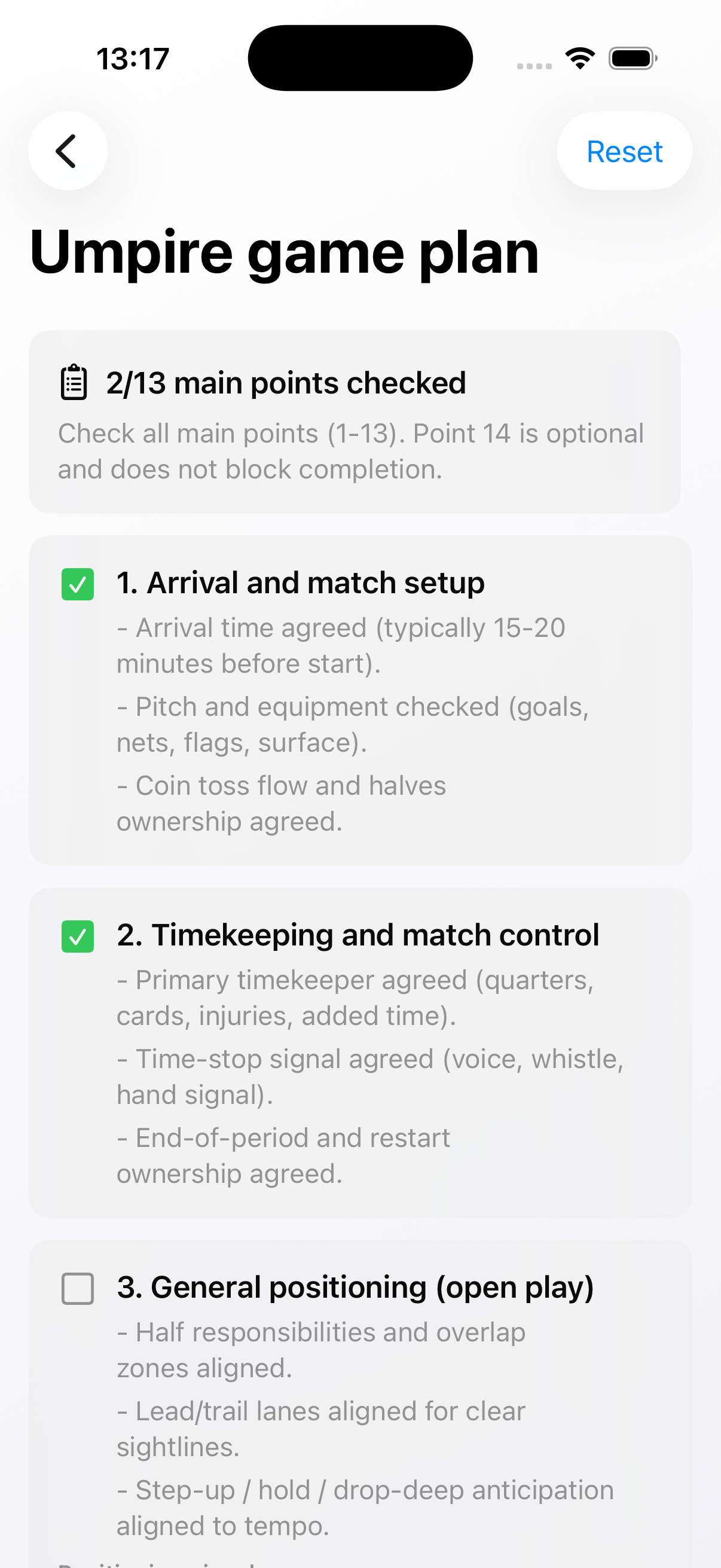 Game Plan checklist screen in HockeyUmpire on iPhone