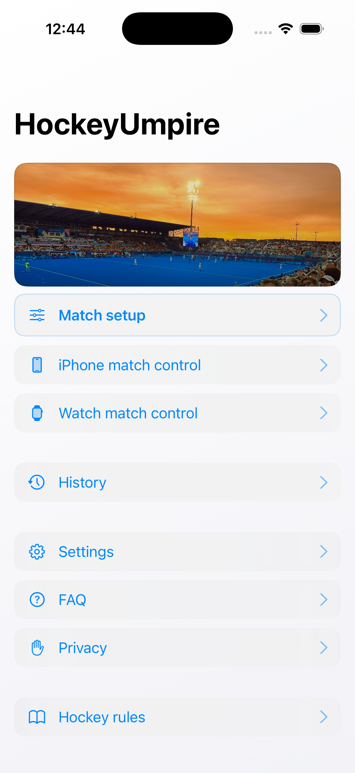 iPhone home screen with match setup, controls and history