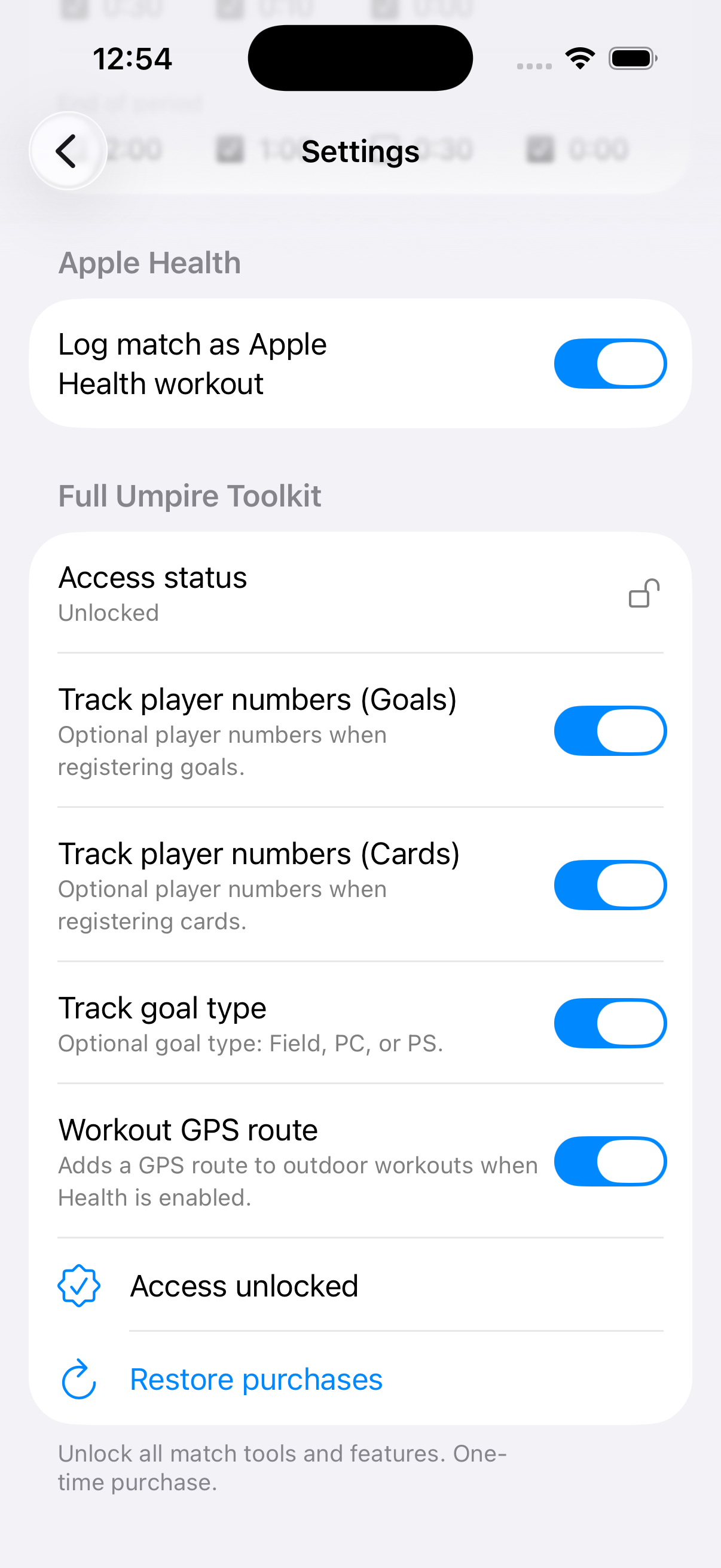 iPhone pro settings for goal type and player number tracking