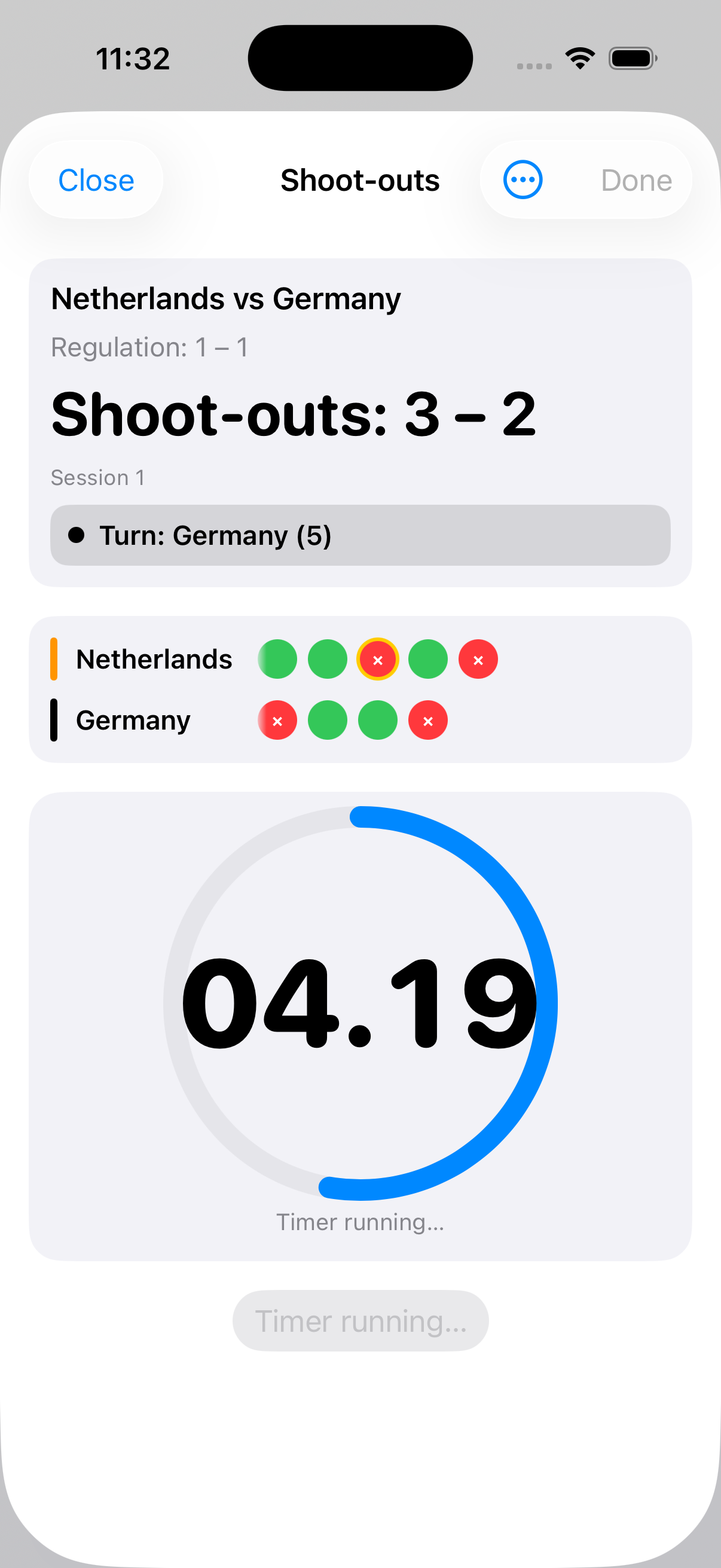 Shoot-out manager screen in HockeyUmpire on iPhone