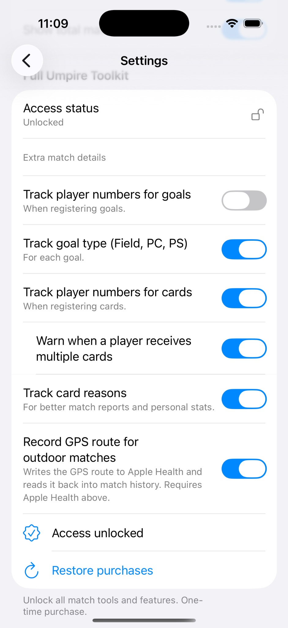 Écran de réglages Pro dans HockeyUmpire