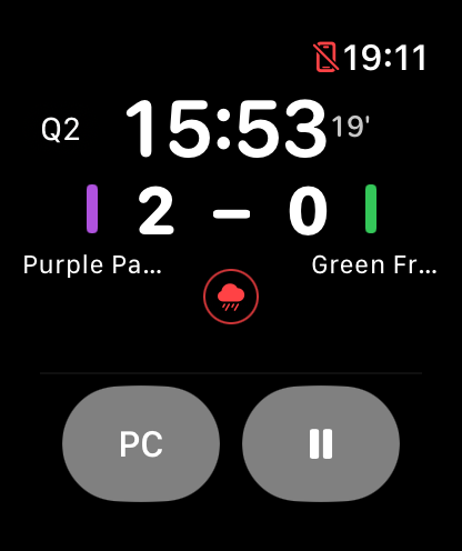 Apple Watch match screen with Rain Mode enabled