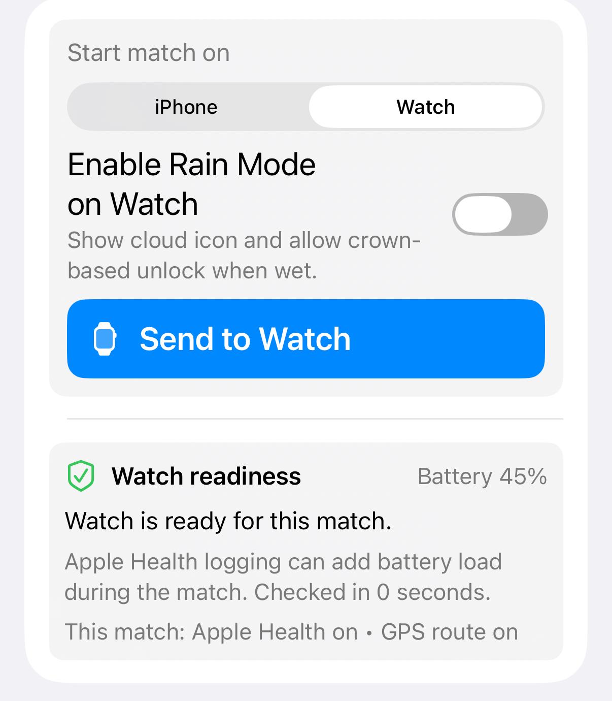 iPhone screen showing Watch readiness and battery check before match handoff