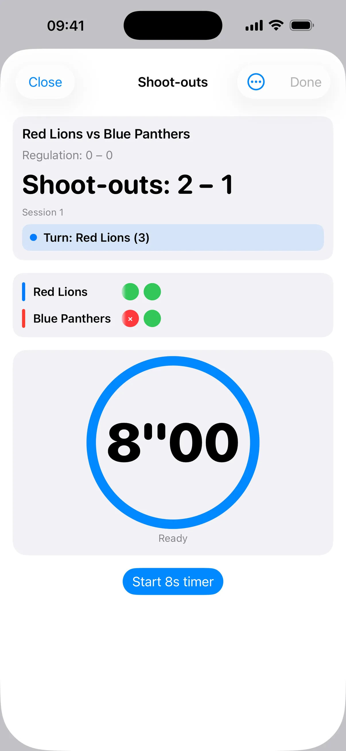 HockeyUmpire Quick Shoot-out screen showing an active eight-second attempt, score and next team