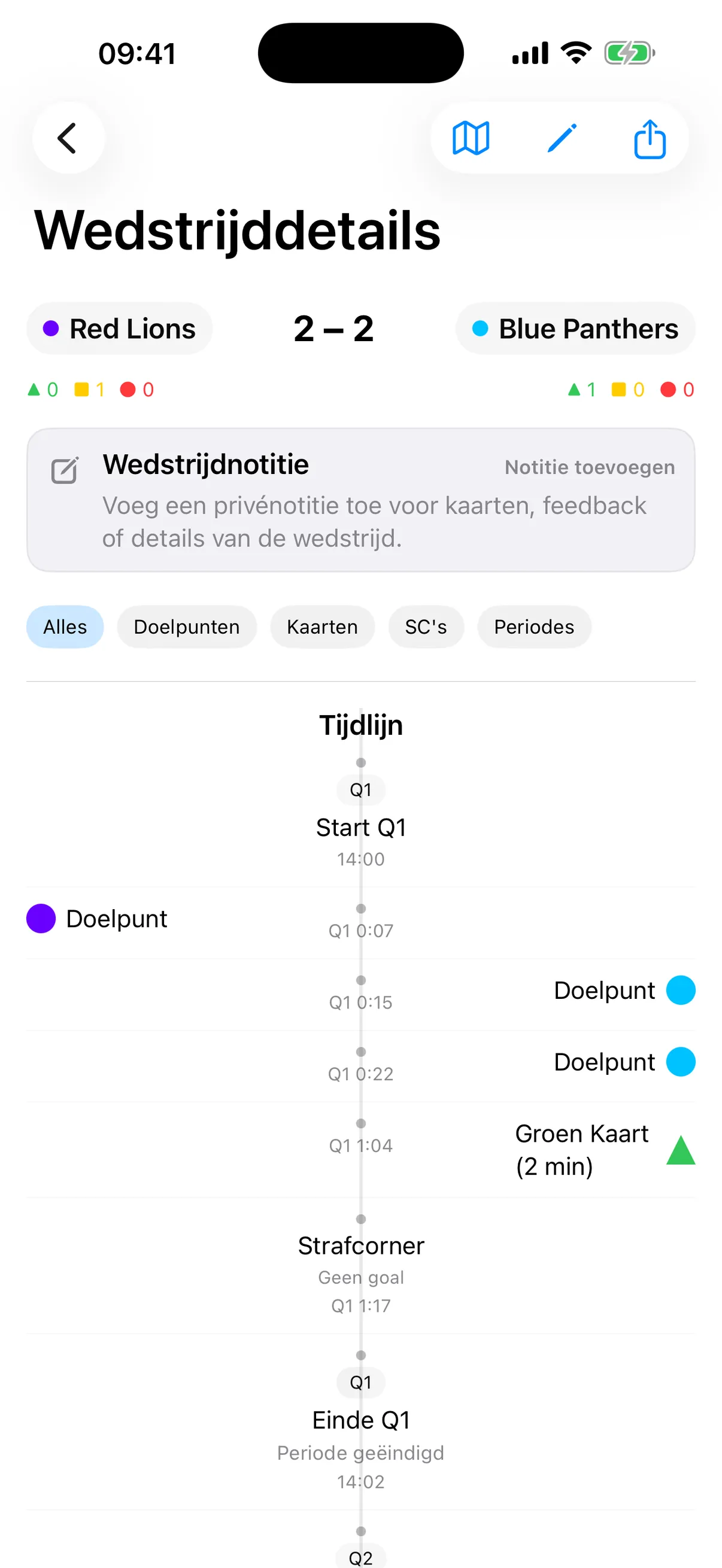 HockeyUmpire-wedstrijdtijdlijn op iPhone met groene en gele kaarten