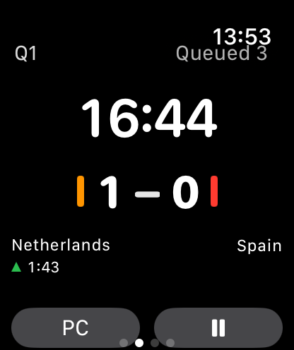 Apple Watch match screen with penalties